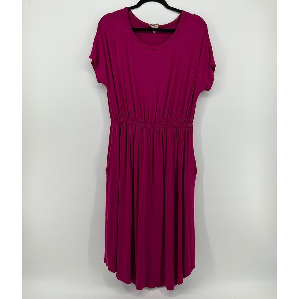 Iconic Luxe Magenta Pink Short Sleeve Elastic Waist Midi Dress L Minimal Barbie